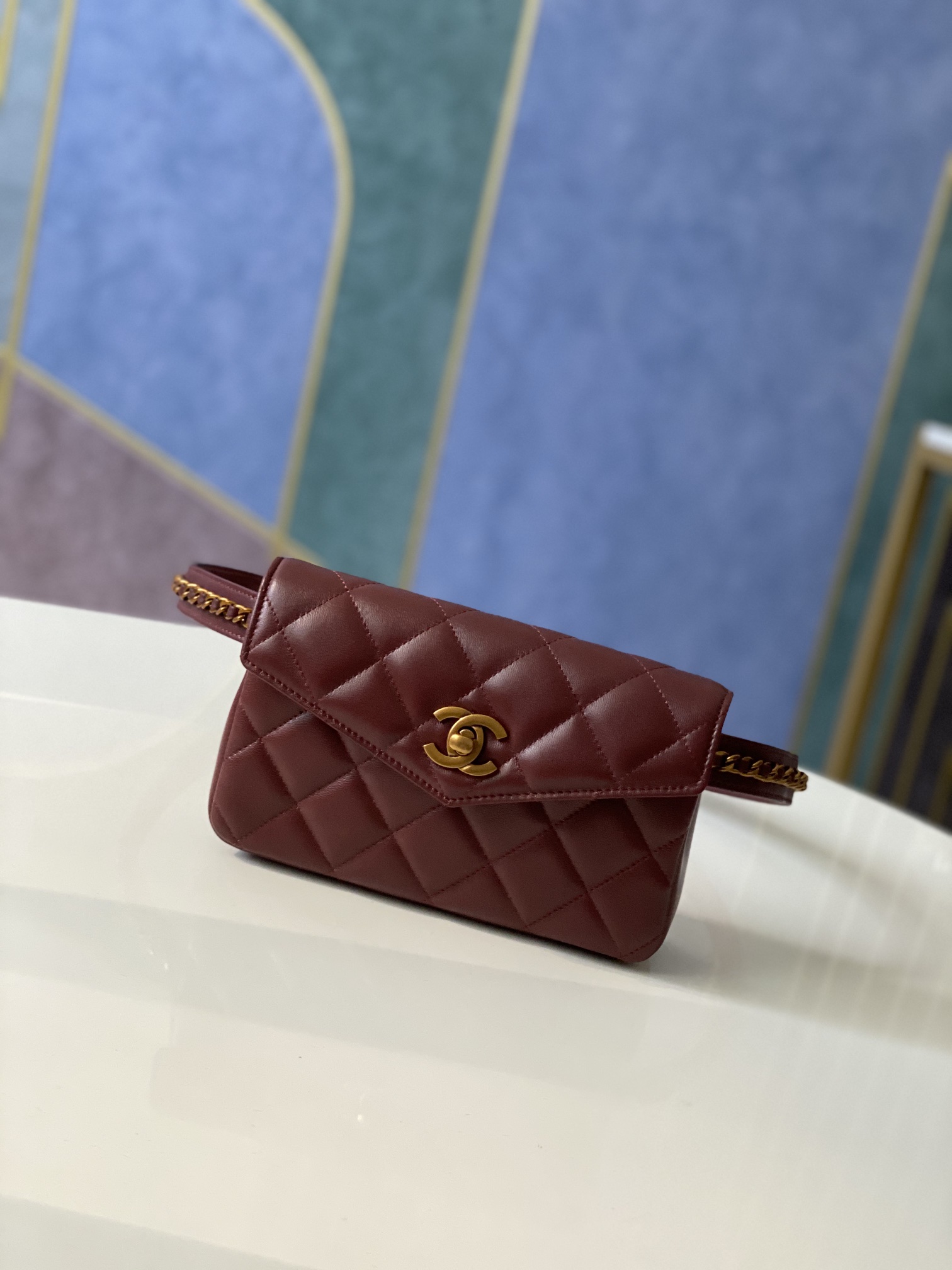 Classic Quilted Lambskin Waist Bag  Belt Bag in Burgundy with Vintage Gold-Tone Hardware - Mocuir