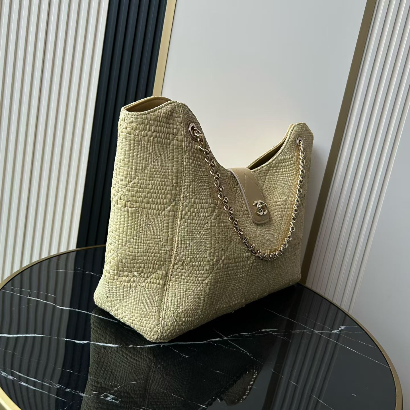 25C Light Yellow Woven Straw Large Tote Handbag with Calfskin Trim and Gold-Tone Hardware - Mocuir