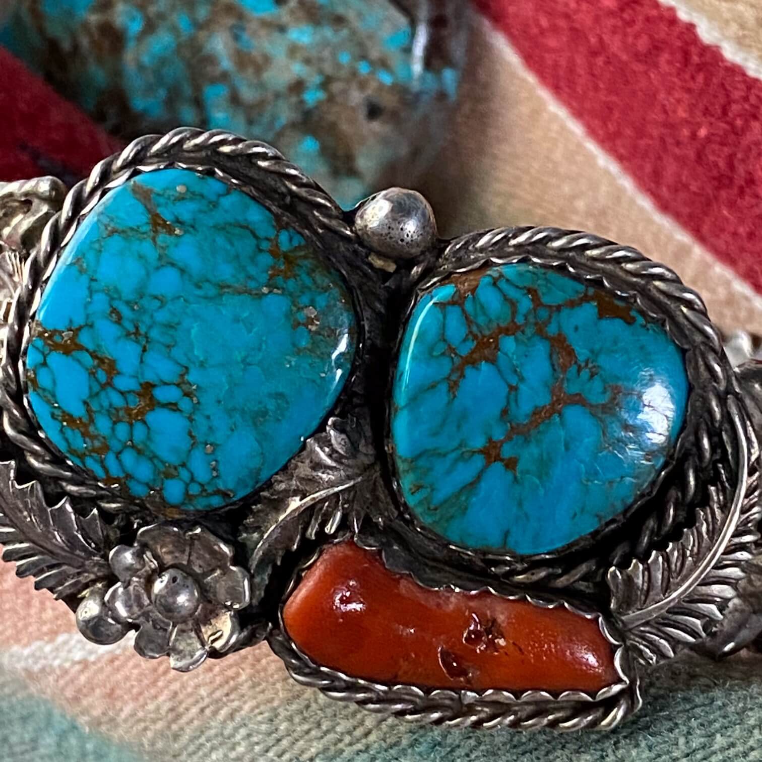 Red Mountain Turquoise Bracelet with C0ral in Sterling Silver Navajo
