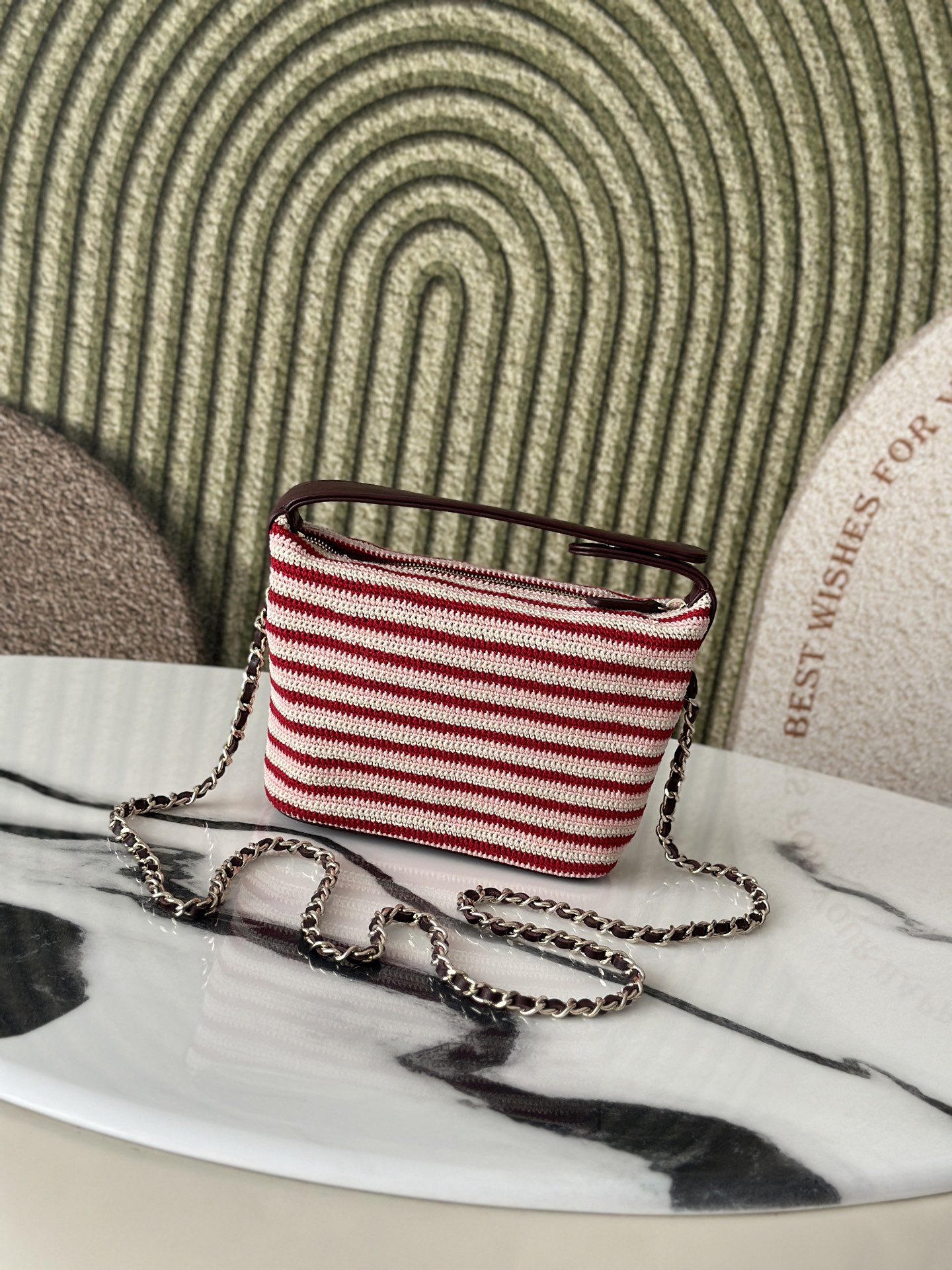 26P Cruise Mini Hobo Pouch with Chain in RedPinkWhite Striped Crochet and Lambskin with Light Gold-Tone Hardware - Mocuir