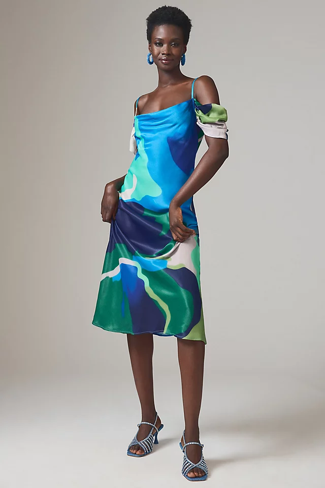 Painterly Off-Shoulder Slip Dress BLUE