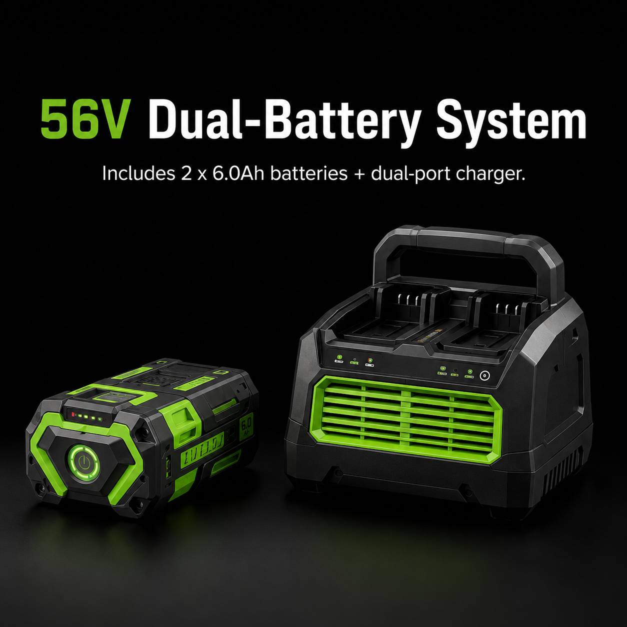 56V dual battery system and dual port charger