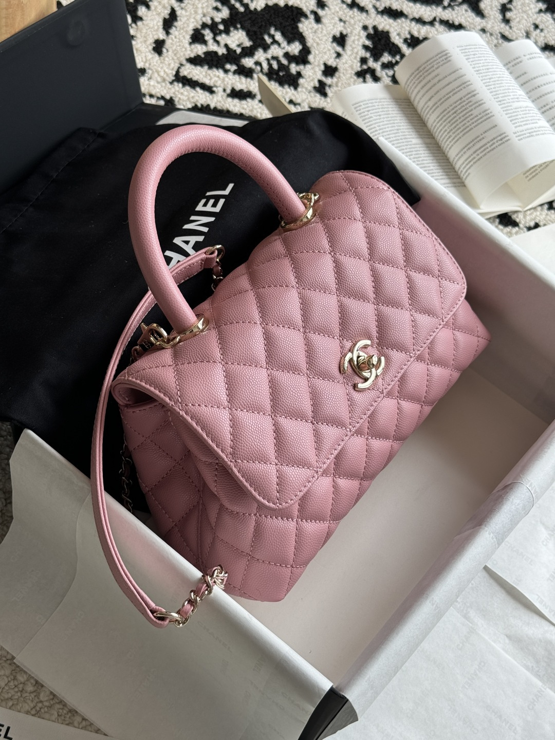 Small Coco Handle Flap Bag in Pink Quilted Caviar Leather with Light Gold-Tone Hardware - Mocuir