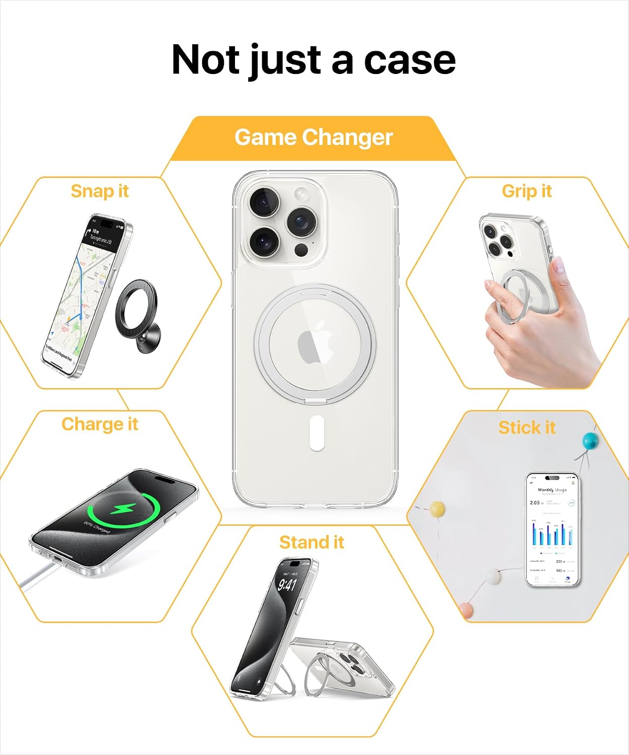 iPhone 15 Pro Max Case [360° Ring Stand] [Compatible with Magsafe] Military Drop Protection Non-Yellowing Magnetic 15 Promax Slim Thin Phone Case for Men Women - Clear, 6.7 Inches