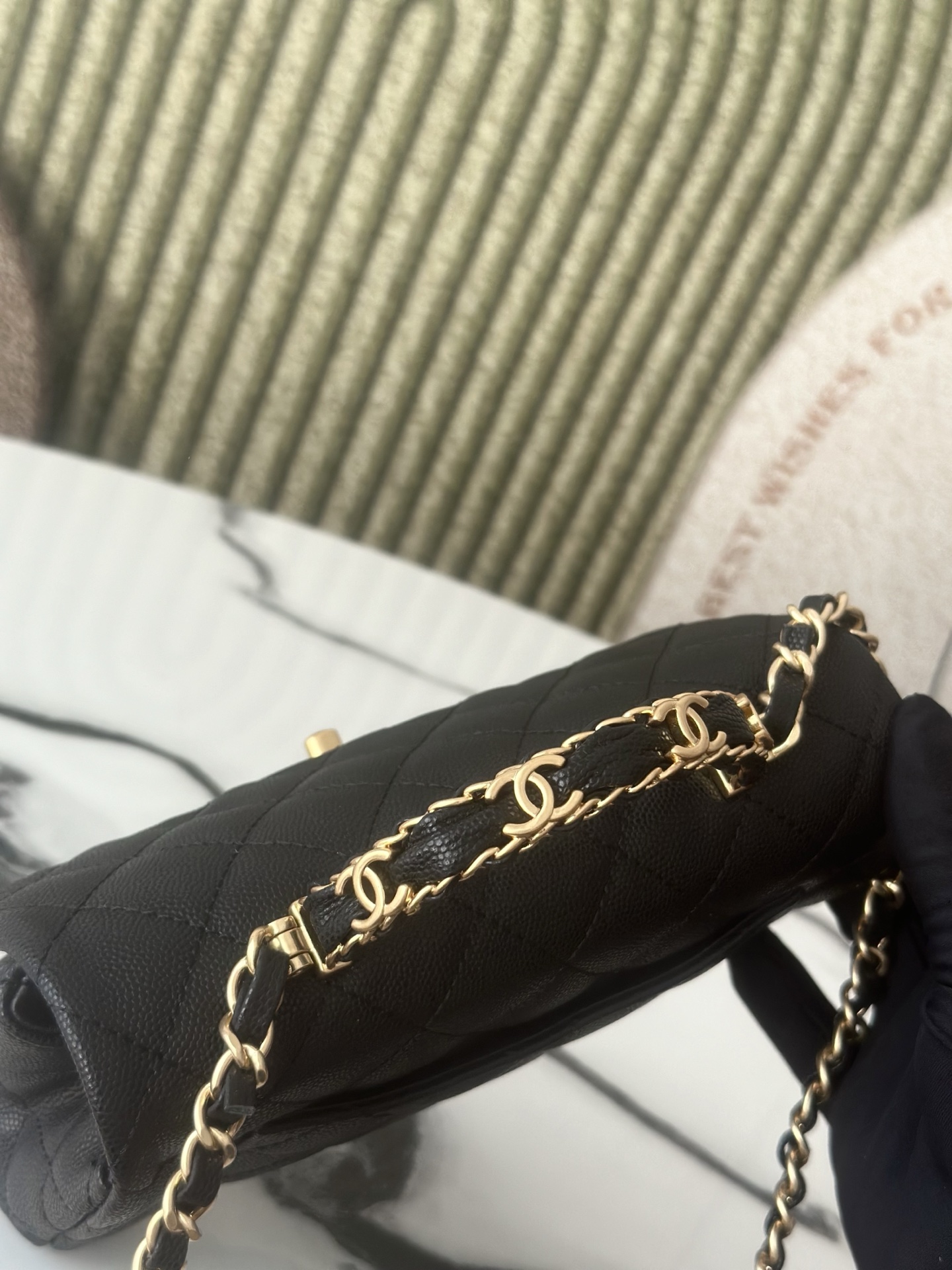 Classic Flap Mini with Top Handle in Black Quilted Caviar Leather with Gold-Tone Hardware - Mocuir