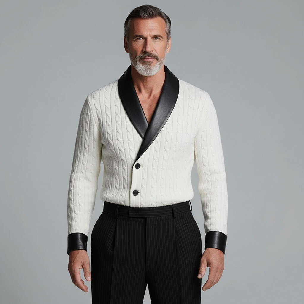 Men's White PU Leather Trim Shawl Lapel Two Button Long Sleeve Cable Knit Cardigan