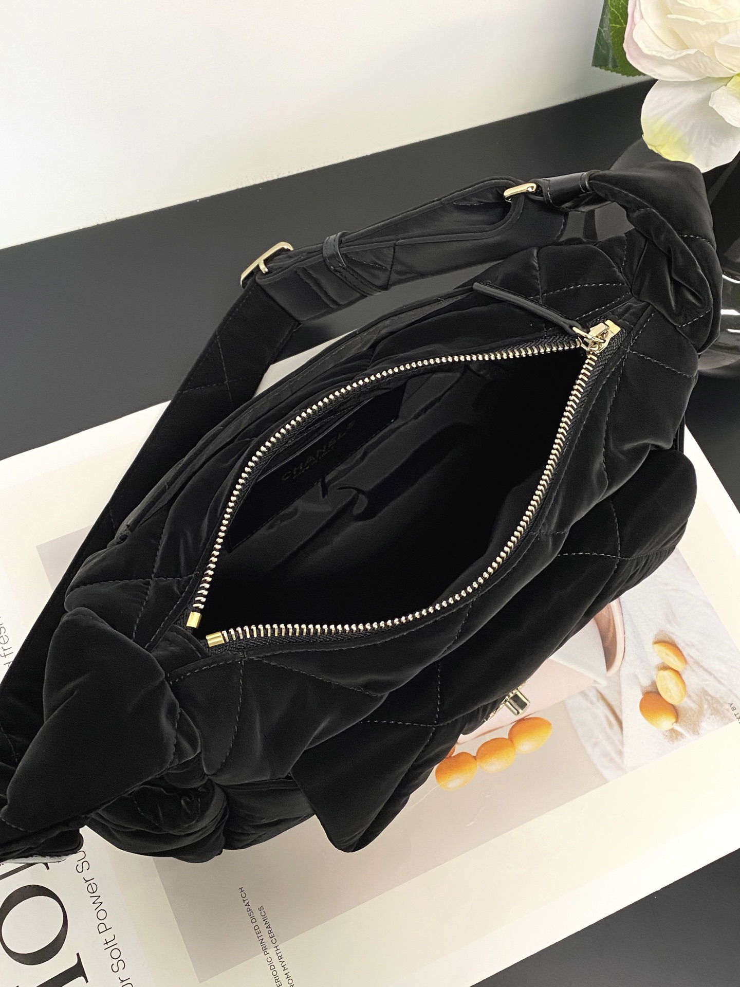 25N Ski Collection Hobo Bag in Black Technical Suede Nylon with Gold Hardware (Model AM7140) - Mocuir