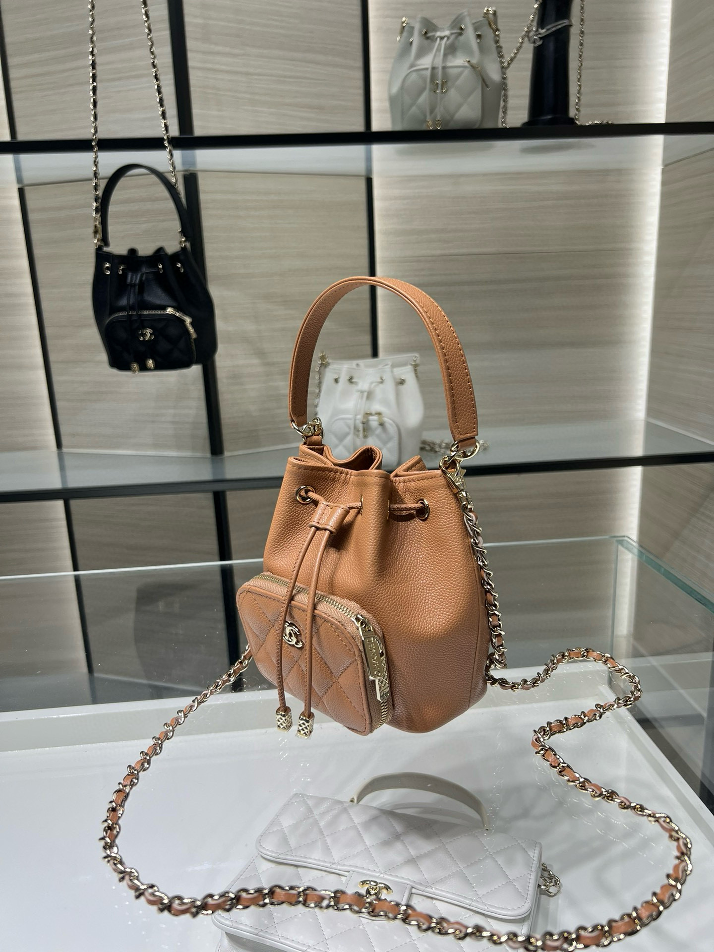 Small Drawstring Bucket Bag in Apricot Quilted Grained Calfskin with Gold-Tone Metal (Model AP4775) - Mocuir