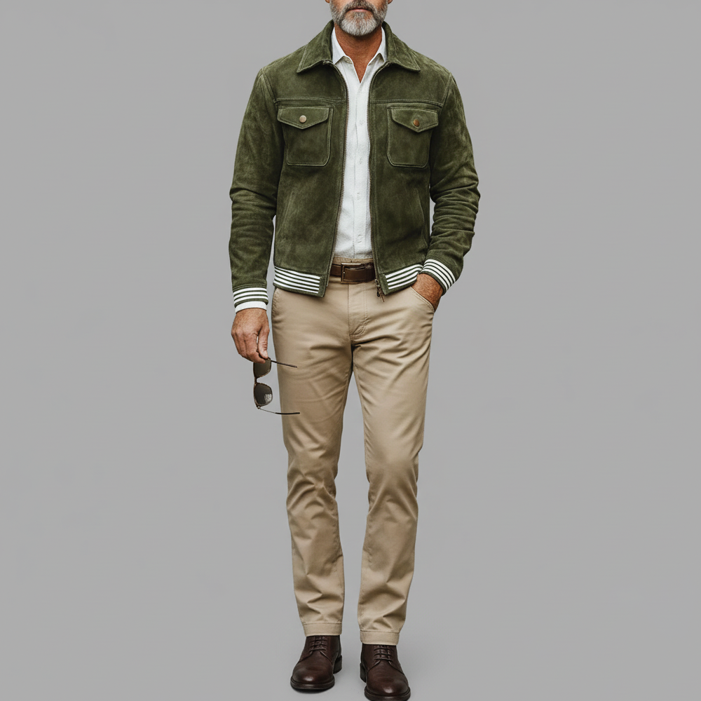 Men's Retro Army Green Suede Shirt Collar Long Sleeve Flap Pocket Striped Zipper Jackets