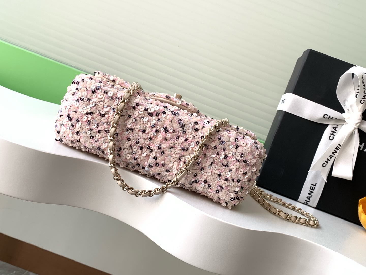 Classic Flap Mini in Light Pink Sequin - Mocuir