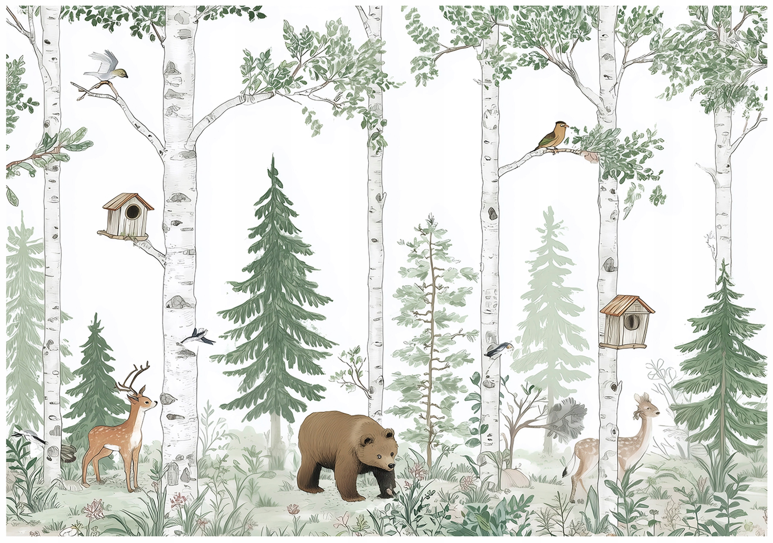 Children's wall mural featuring forest animals and trees for a child's room,
