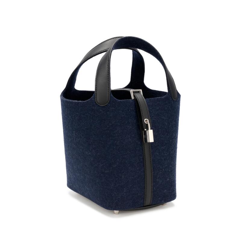 Bleu Nuit Feutre Wool and Black Swift Picotin Lock 18 PM Palladium Hardware