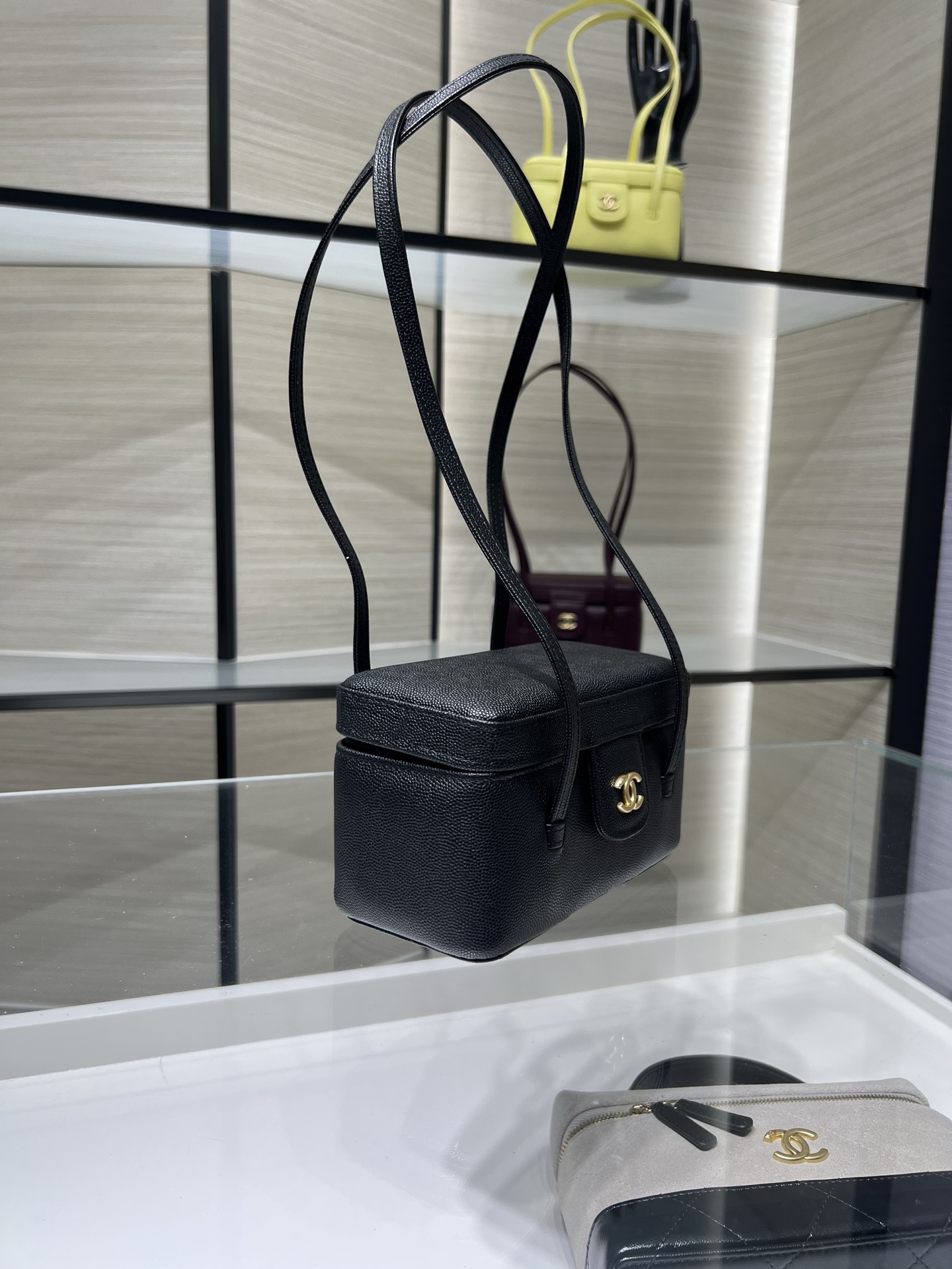 26P Preppy Coco Black Quilted Caviar Leather Long Vanity Handbag with Gold-Tone Hardware - Mocuir