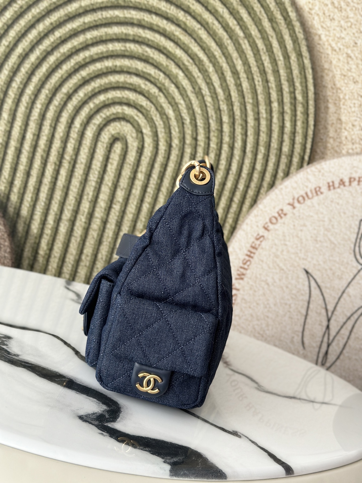 Dark Blue Denim Multi-Pocket Hobo Bag with Gold Hardware - Mocuir