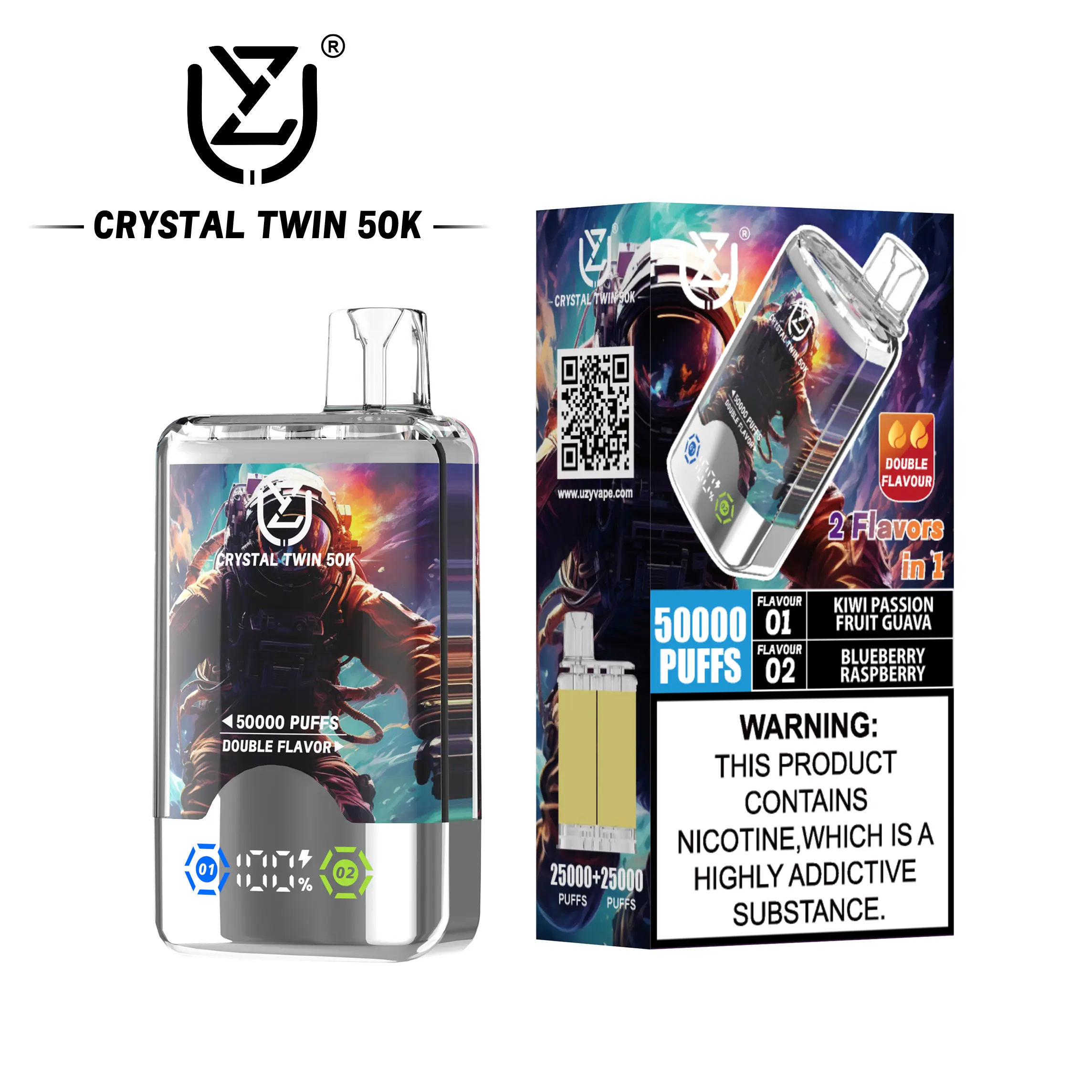（3 pieces）UZY Crystal Twin 50000 50k Puffs Double Taste LED Display Disposable Vape