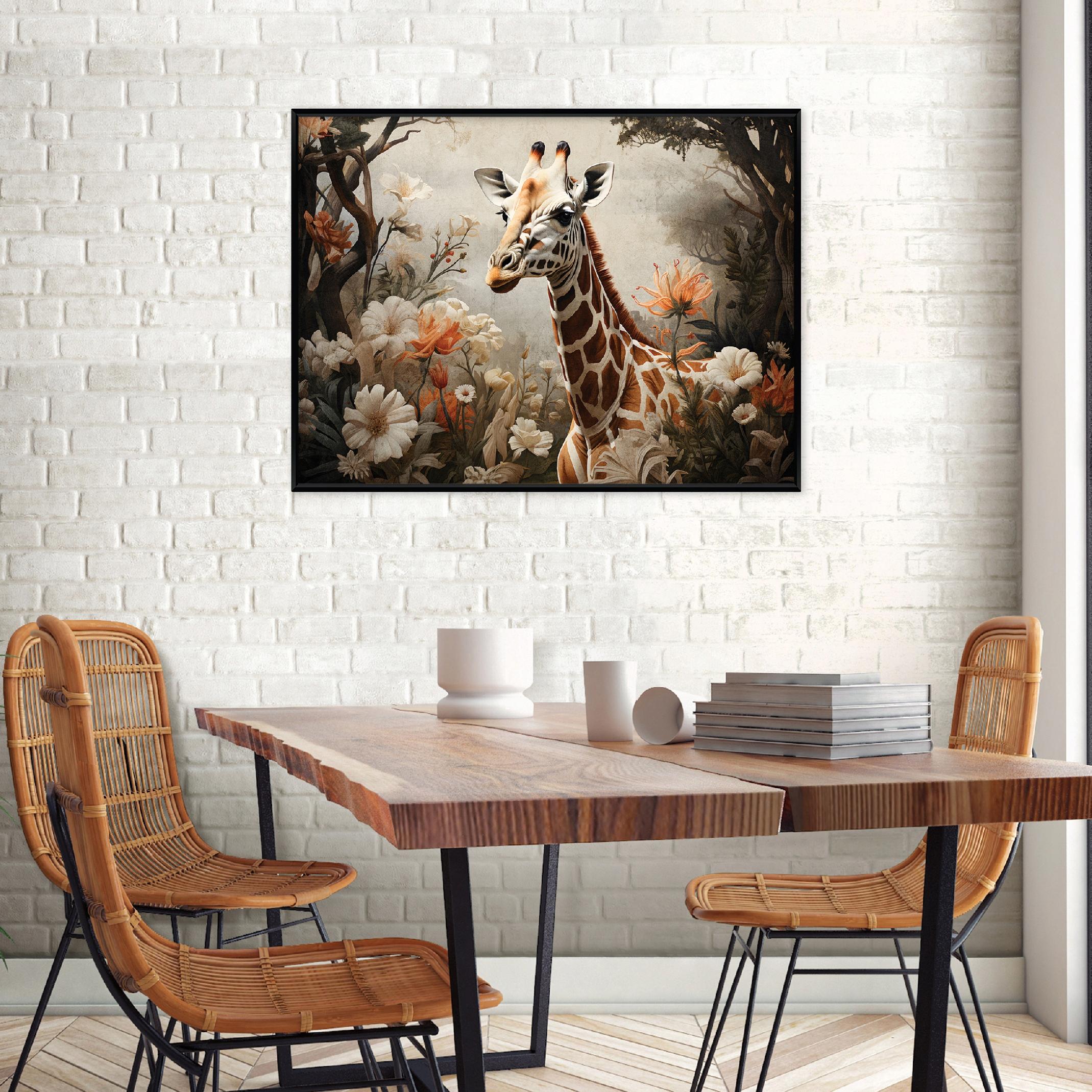 Black-framed canvas print of a giraffe – animals – living room/bedroom – 40x30