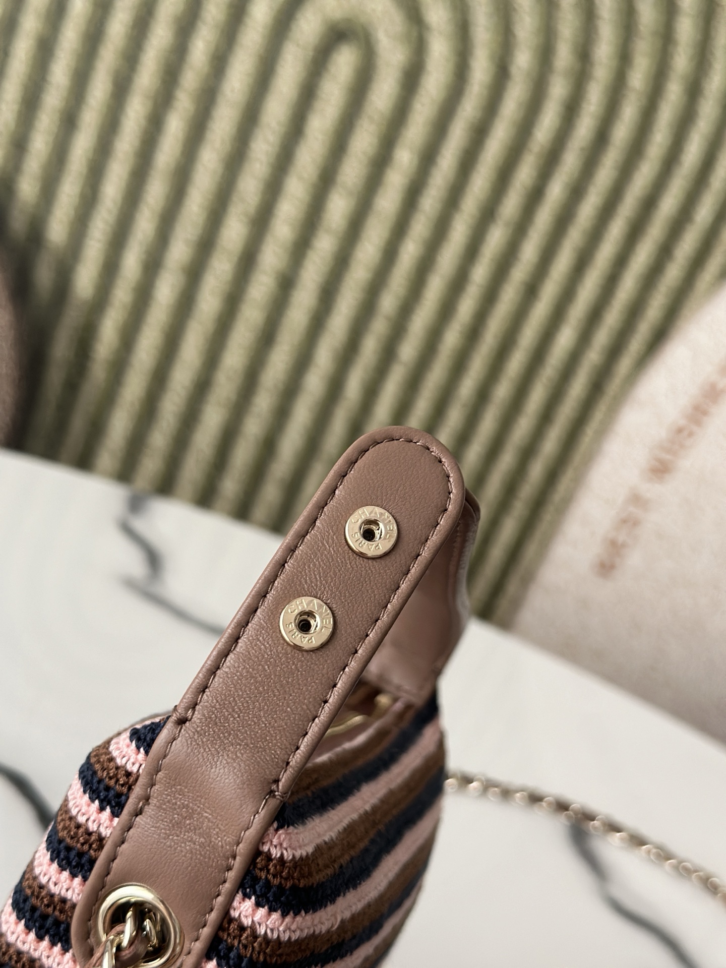 26P Cruise Mini Hobo Pouch with Chain in BrownPinkNavy Striped Crochet and Lambskin with Light Gold-Tone Hardware - Mocuir