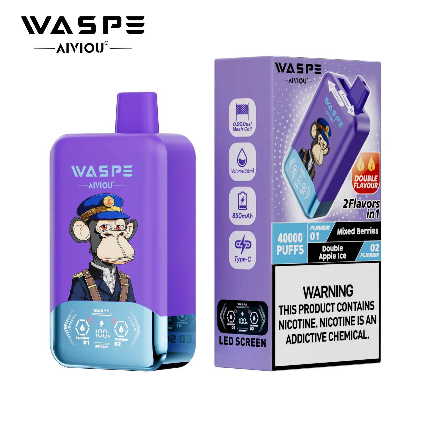 （3 pieces）WASPE 40000 40K Puffs Double Taste LCD Display Disposable Vape