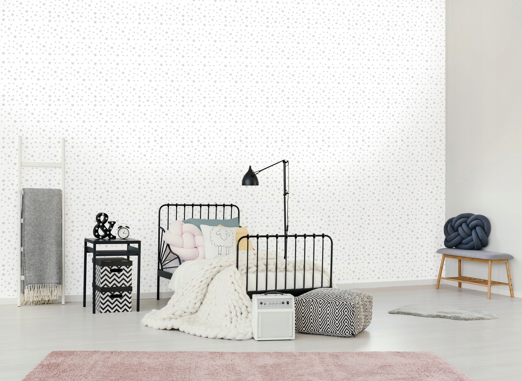 White wallpaper with stars, children's wallpaper, 10 m roll