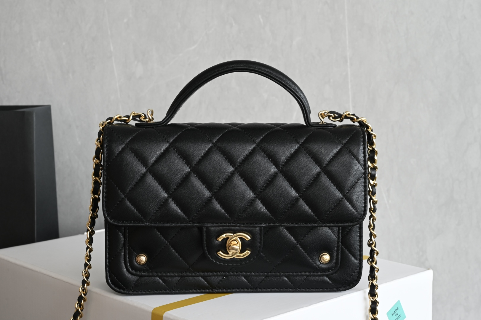 25B Mini Flap Top Handle Messenger Bag in Black Shiny Lambskin with Gold-Tone Hardware (Model AS5701) - Mocuir