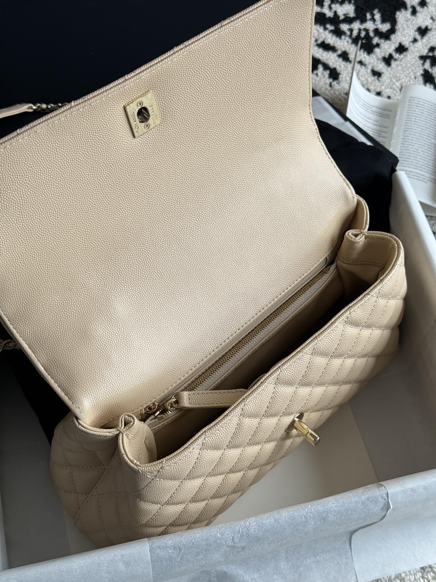 Small Coco Handle Flap Bag in Light Beige Quilted Caviar Leather with Light Gold-Tone Hardware - Mocuir