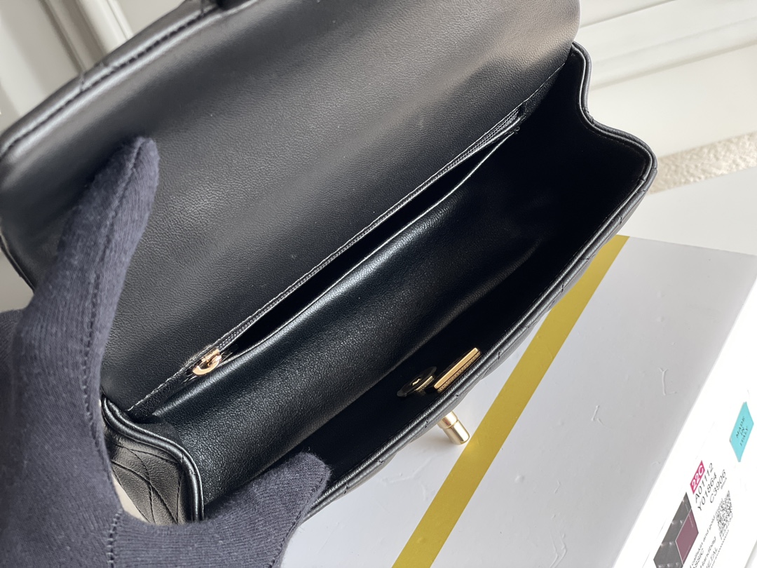 Classic Flap Mini Bag with Top Handle in Black Quilted Grained Lambskin with Gold-Tone Hardware - Mocuir