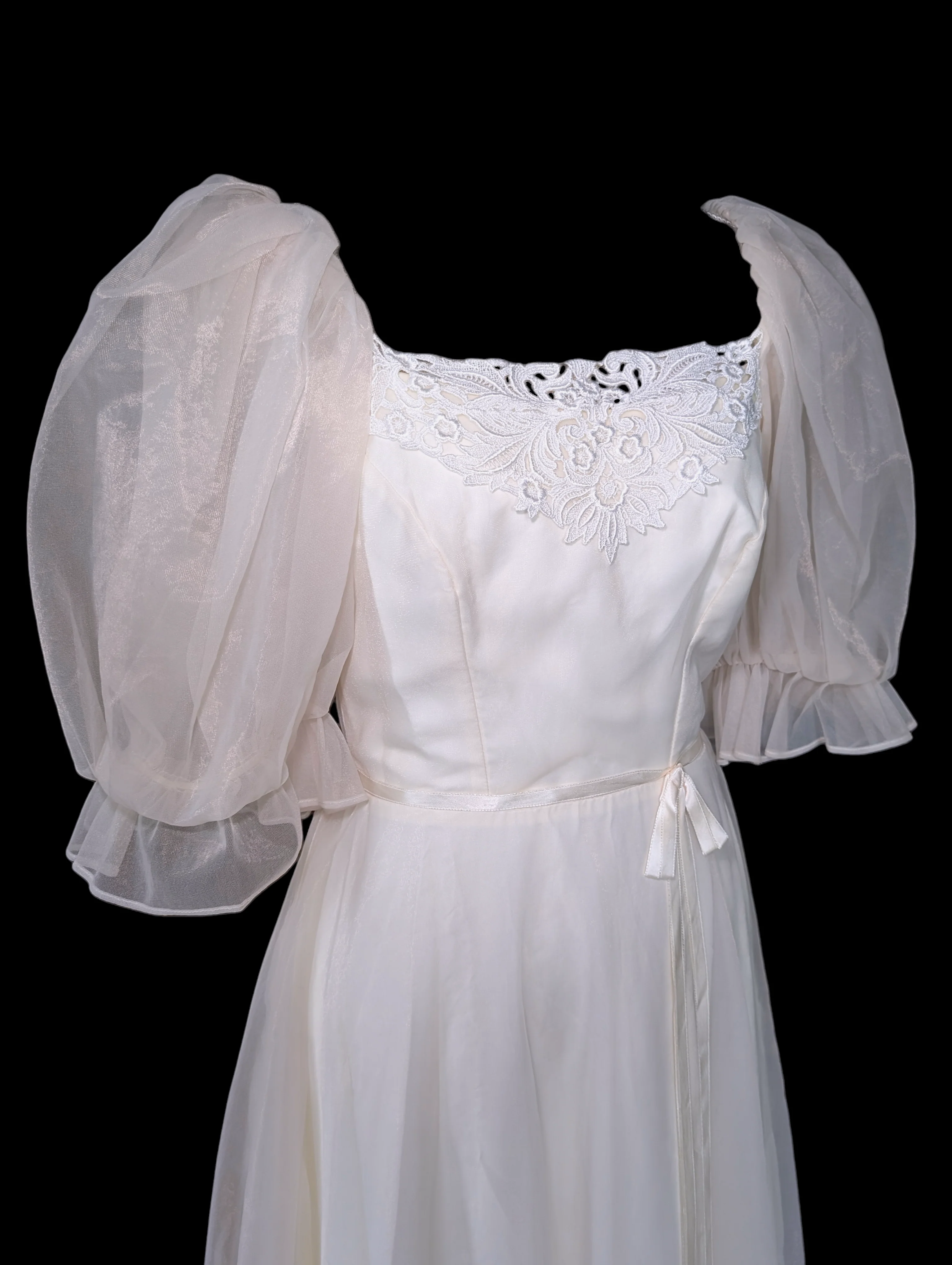 Chiffon Tea Length Soft White Wedding Dress with Puff Sleeves and Satin Ribbon