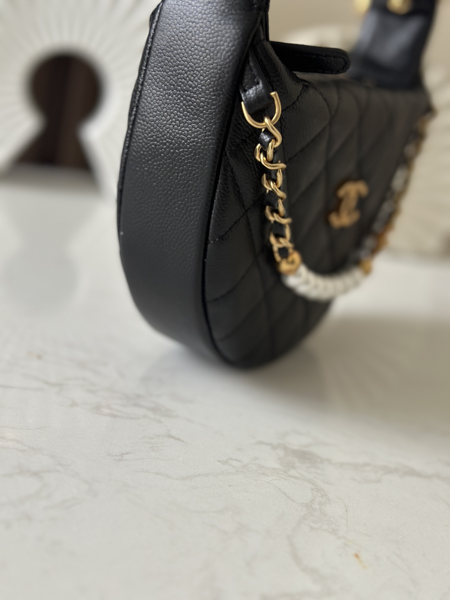 25S Black Quilted Caviar Calfskin Half MoonHula Hoop Bag with Pearl Chain - Mocuir