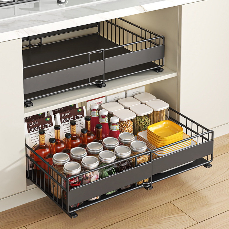 Kitchen Seasoning and Utensil Storage Basket, Extendable Pull-Out Drawer-Style Storage Basket for Cabinets, No-Drill Storage Rack for Wardrobe