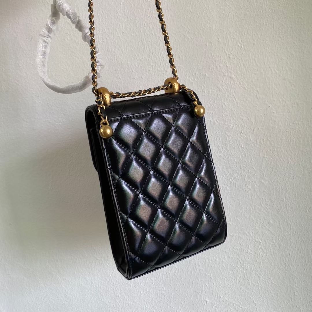 Classic Quilted Lambskin Phone Holder with Gold Ball Chain in Black (Gold Hardware) - Mocuir