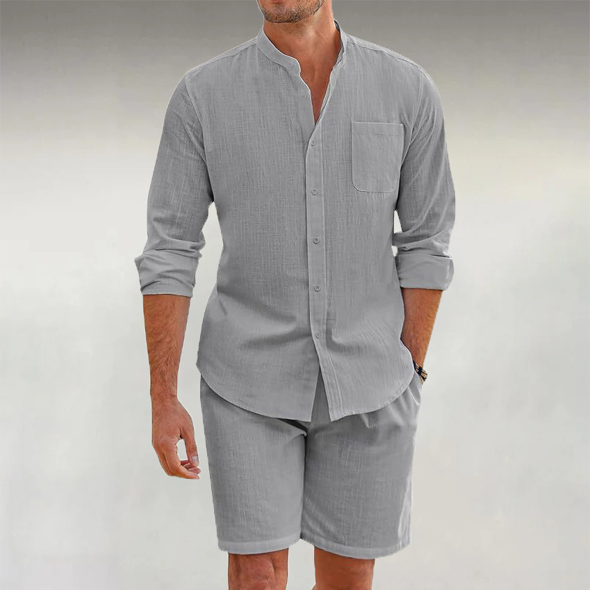 Men's Linen Stand Collar Casual Long Sleeve Shirt & Shorts 2Pcs Set