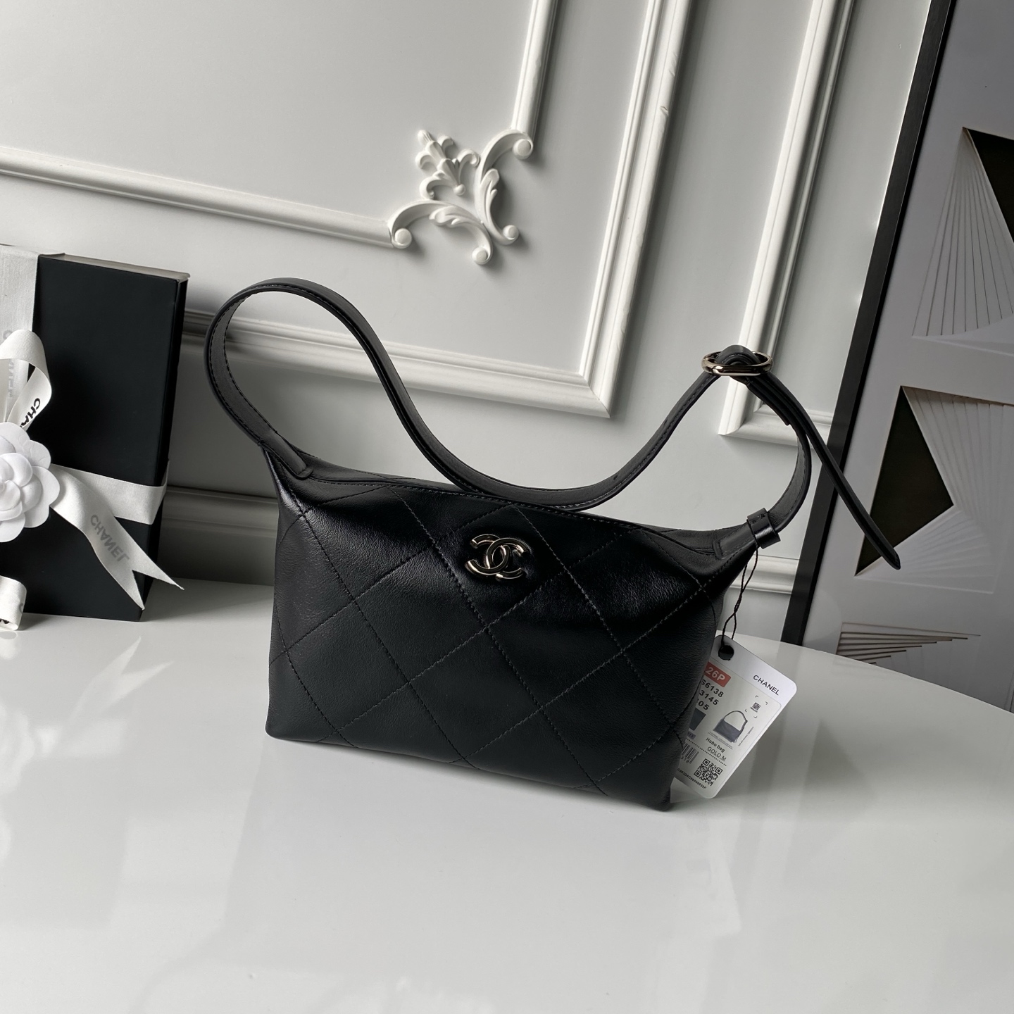 26P Hobo Bag in Black Shiny Lambskin with Light Gold-Tone Hardware - Mocuir