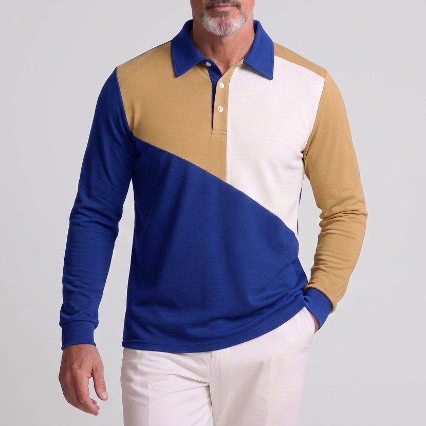 Men's Casual Color Block Half Button Long Sleeve Polo Shirt