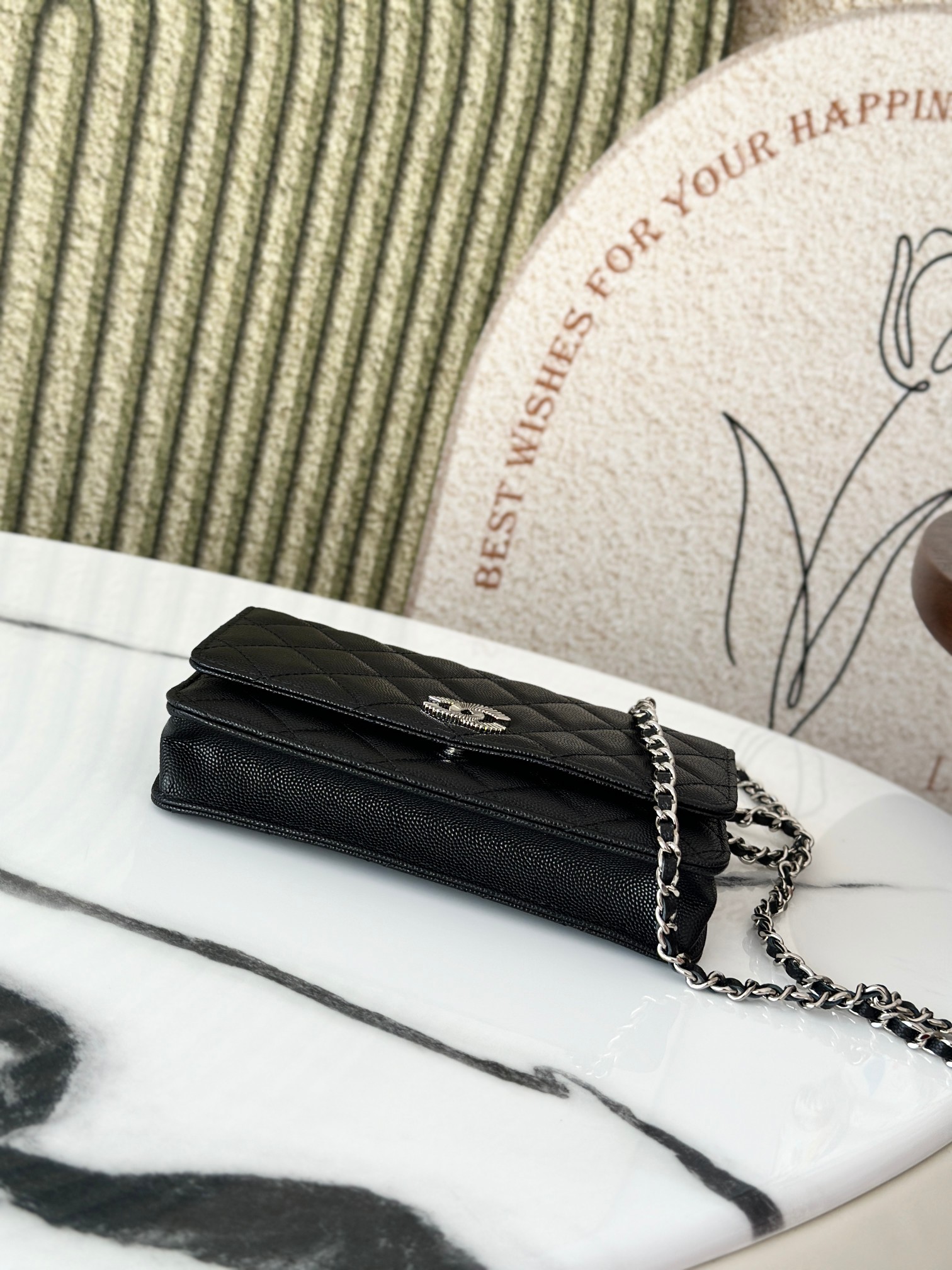 Wallet on Chain (WOC) 25C Collection in Black Quilted Caviar Leather with Brushed GoldSilver-Tone Hardware - Mocuir