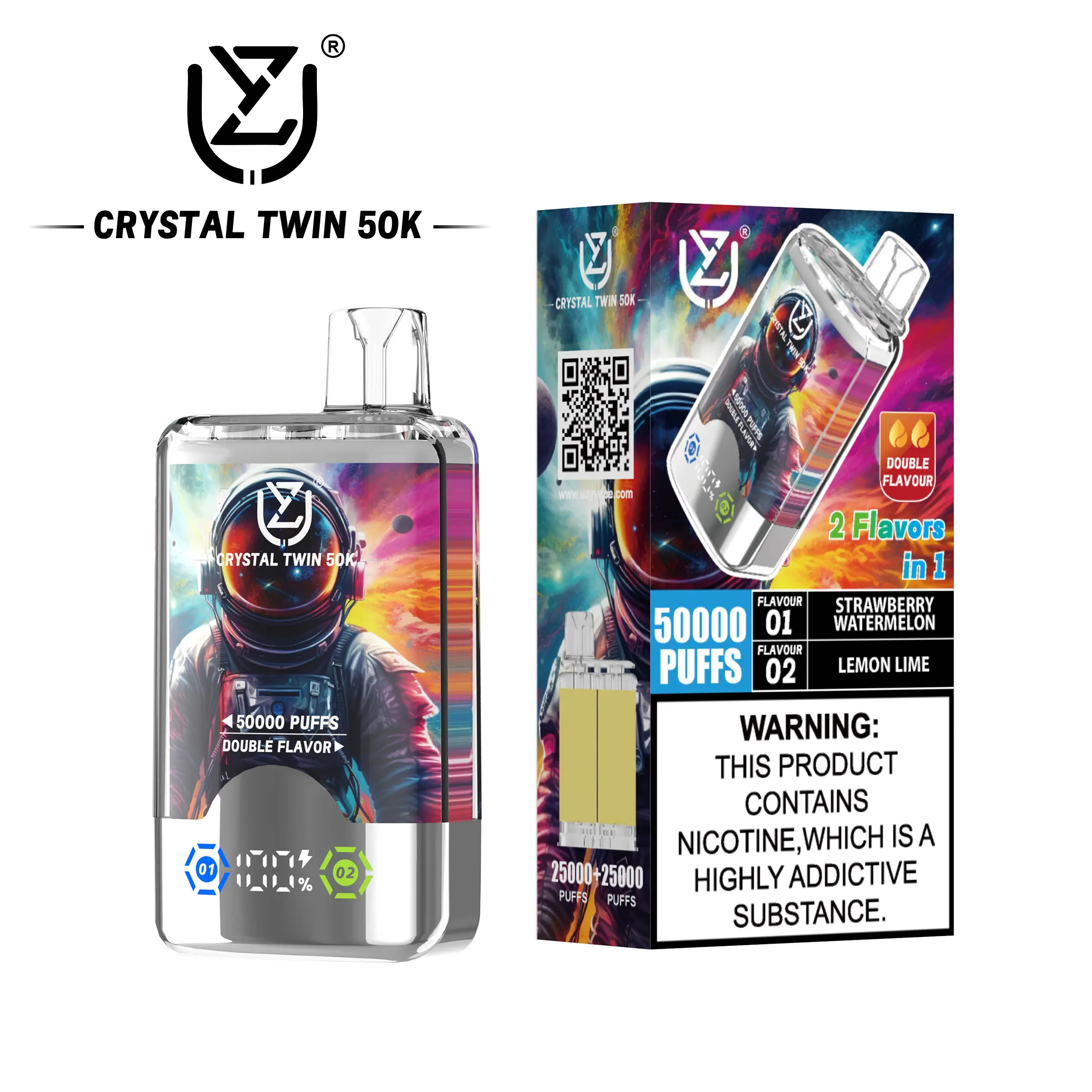 （3 pieces）UZY Crystal Twin 50000 50k Puffs Double Taste LED Display Disposable Vape