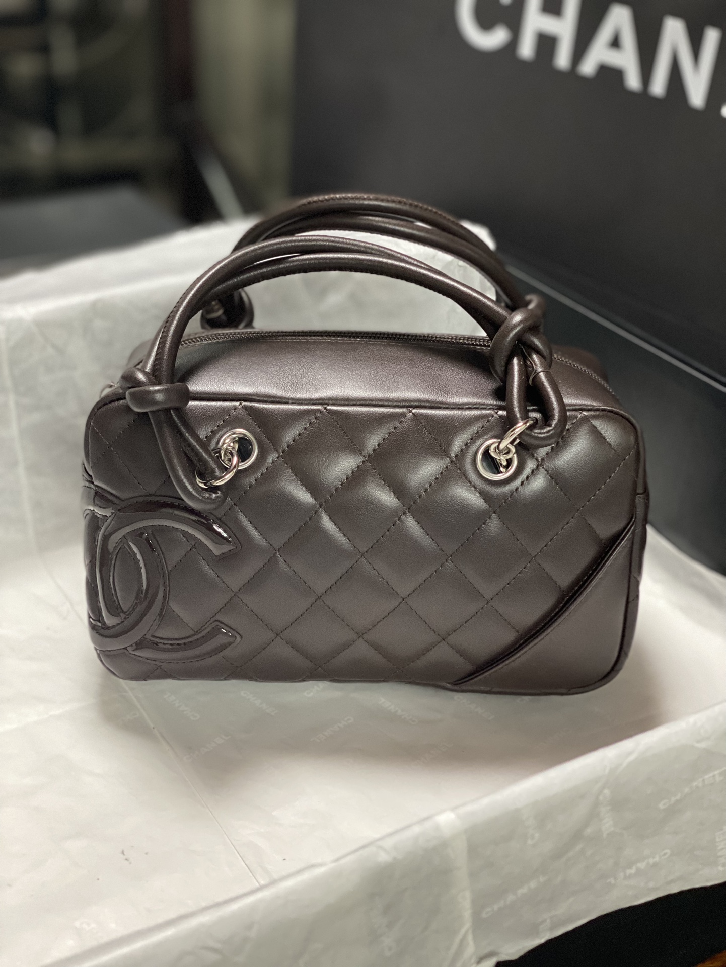 Cambon Mini Quilted Lambskin Boston Bag in Dark Brown (Silver Hardware) - Mocuir