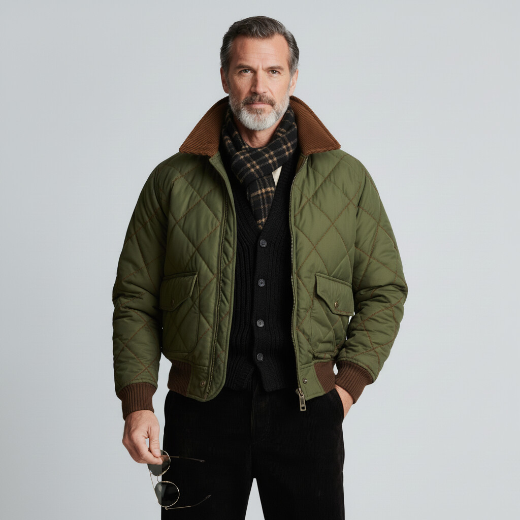 Men's Army Green Contrast Shirt Collar Long Sleeve Flap Pocket Zipper Quilted Jacket