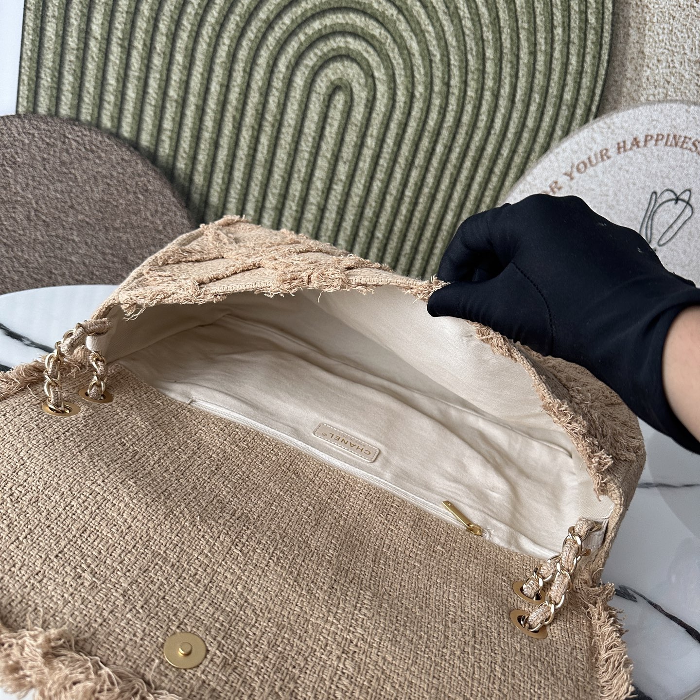 Spring Summer 2010 Coco Country Beige Linen Frayed Quilted Flap Shoulder Bag  Clutch - Mocuir