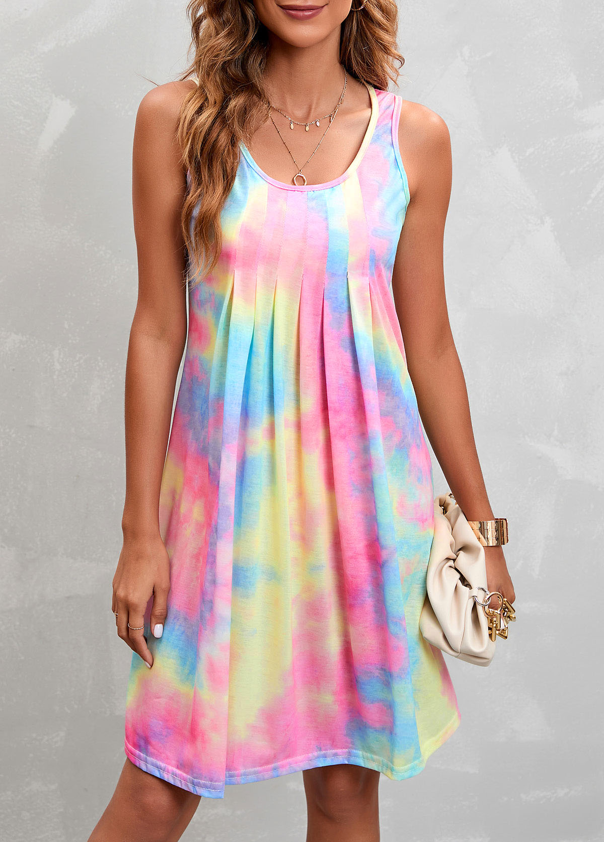 Sleeveless Round Neck Pleated Design Dress