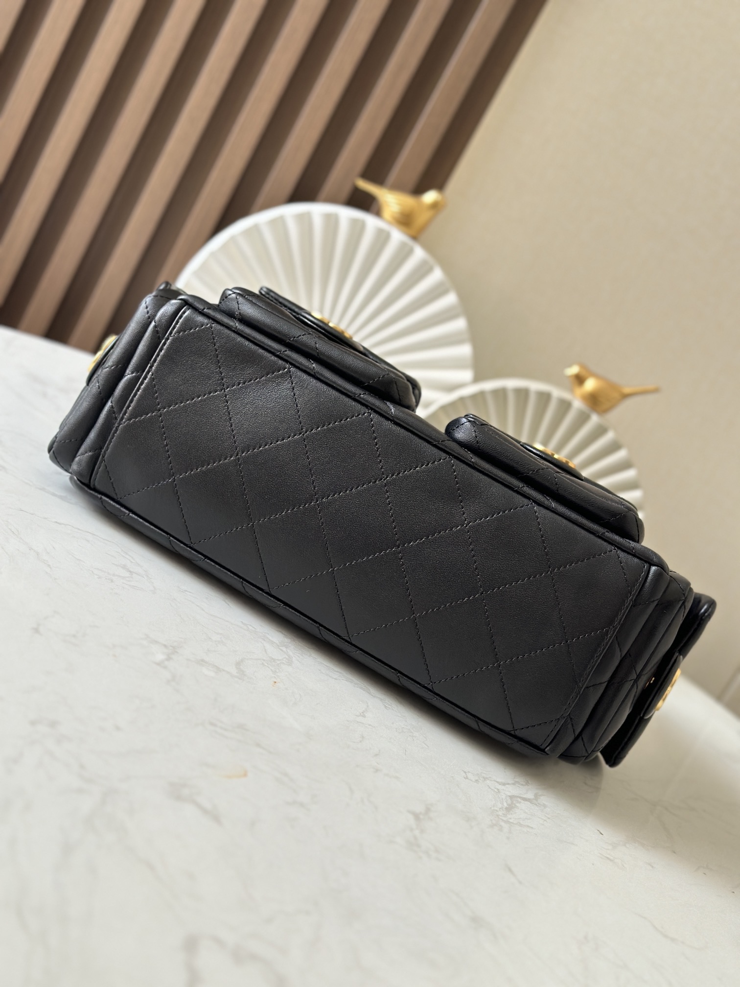 Black Quilted Lambskin Multi-Pocket Hobo Bag with Gold Hardware - Mocuir