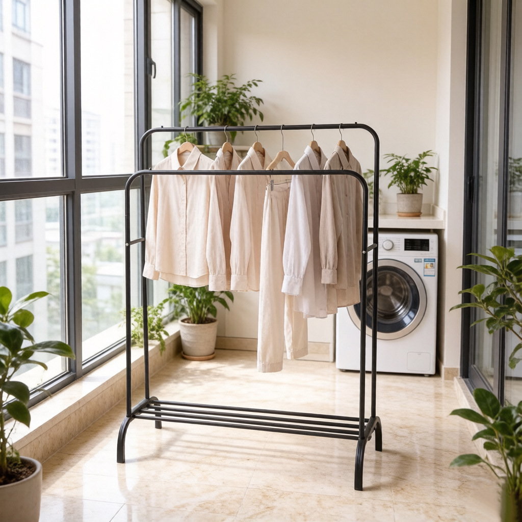 Double-pole clothes hanger balcony bedroom floor hanging clothes hanger dormitory small clothes, shoes and hats rack