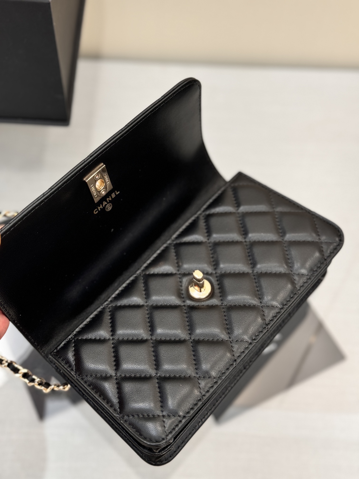 Wallet on Chain (WOC) with Crystal-Embellished Handle in Black Quilted Lambskin with Gold-Tone Hardware - Mocuir