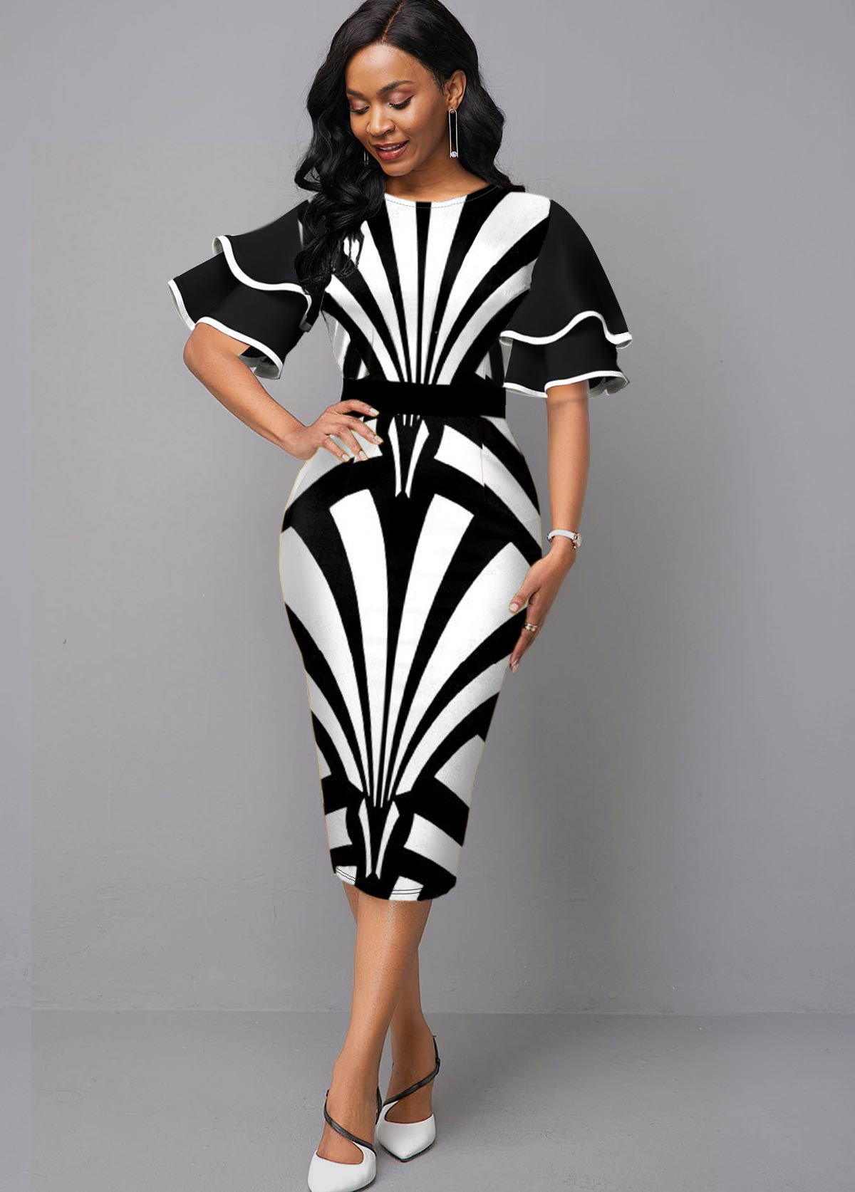 Ruffle Sleeve Stripe Print Contrast Sheath Dress