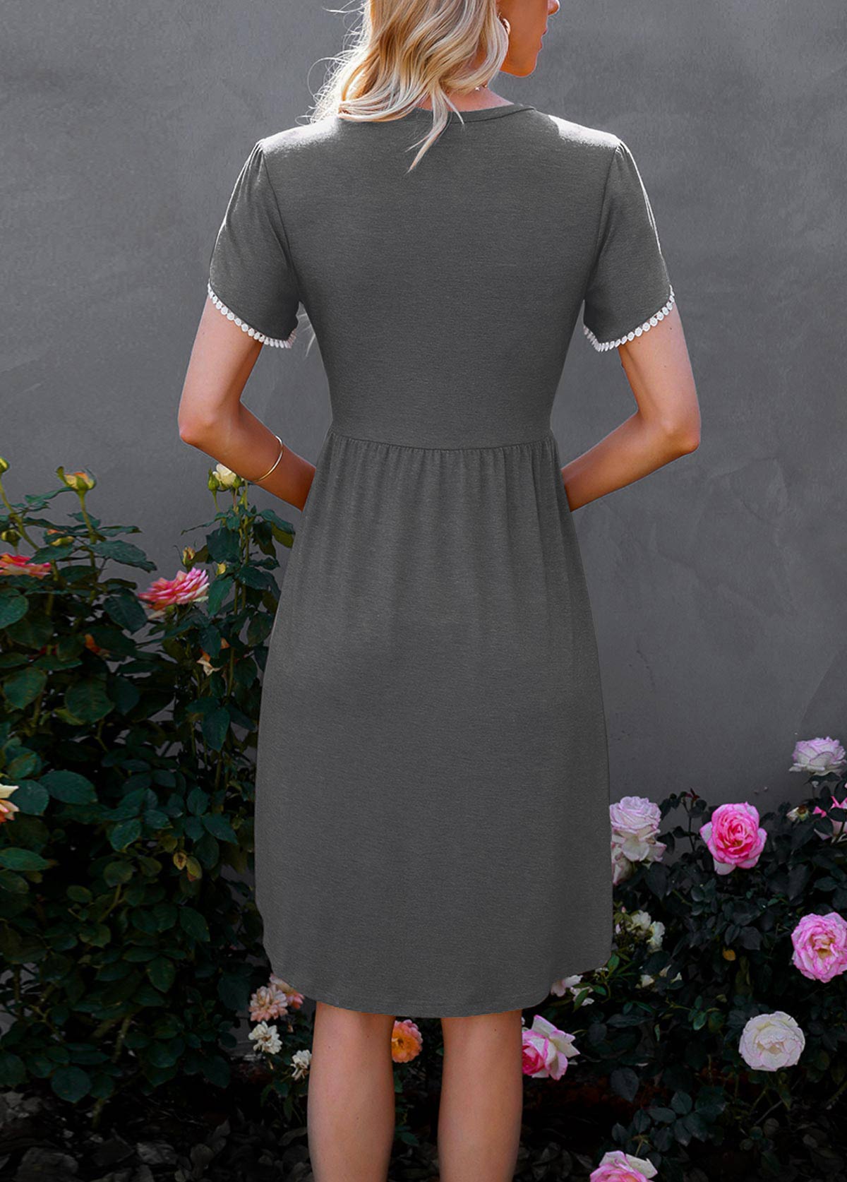 Light Grey Lace Stitching Petal Sleeve Dress