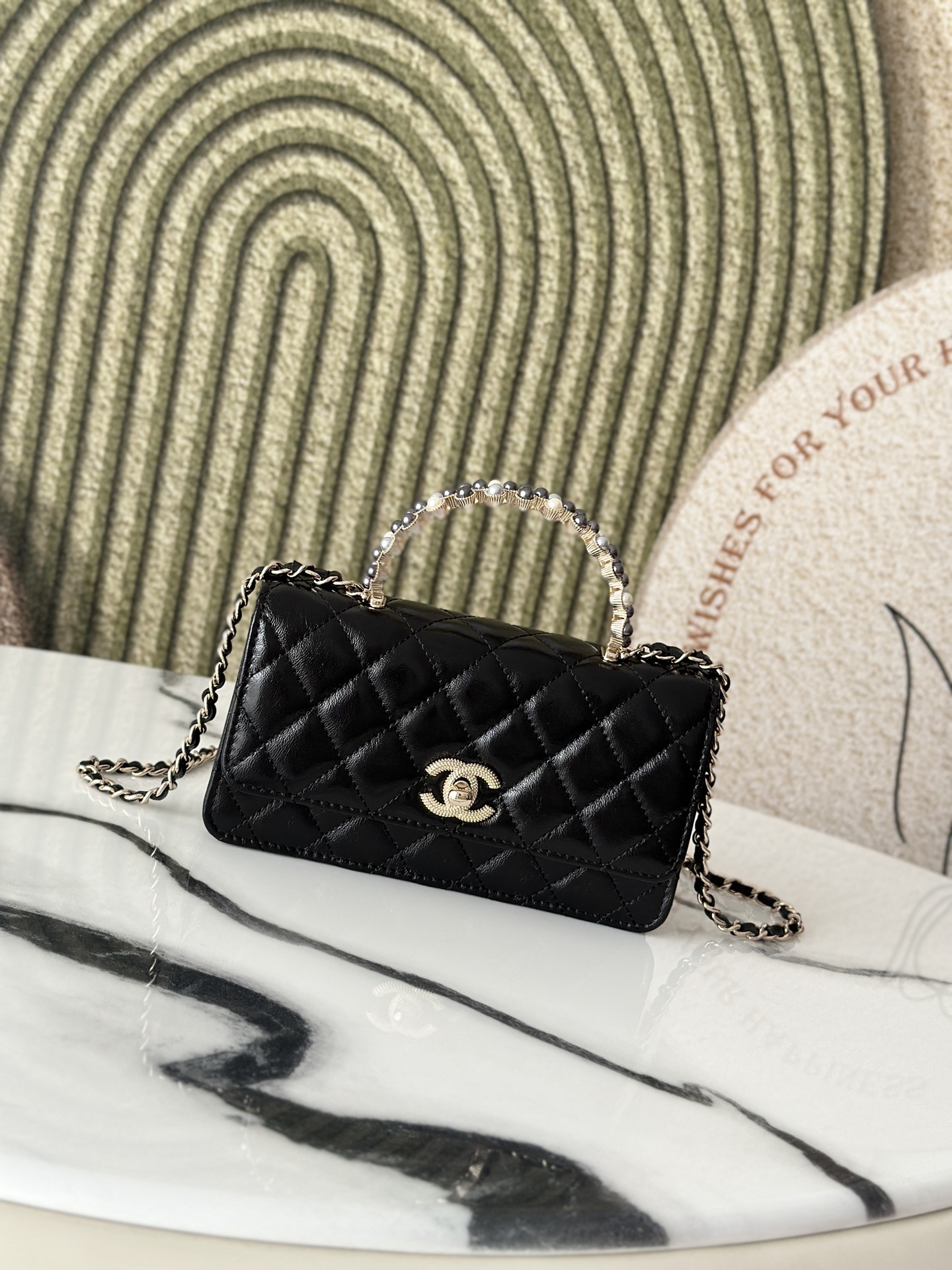 26C Black Shiny Calfskin Quilted Wallet On Chain (WOC) with Imitation Pearl & Crystal Handle - Mocuir