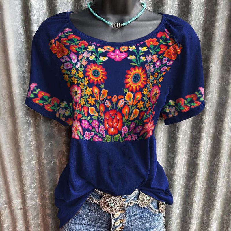 Flower graphic women casual blue top designer