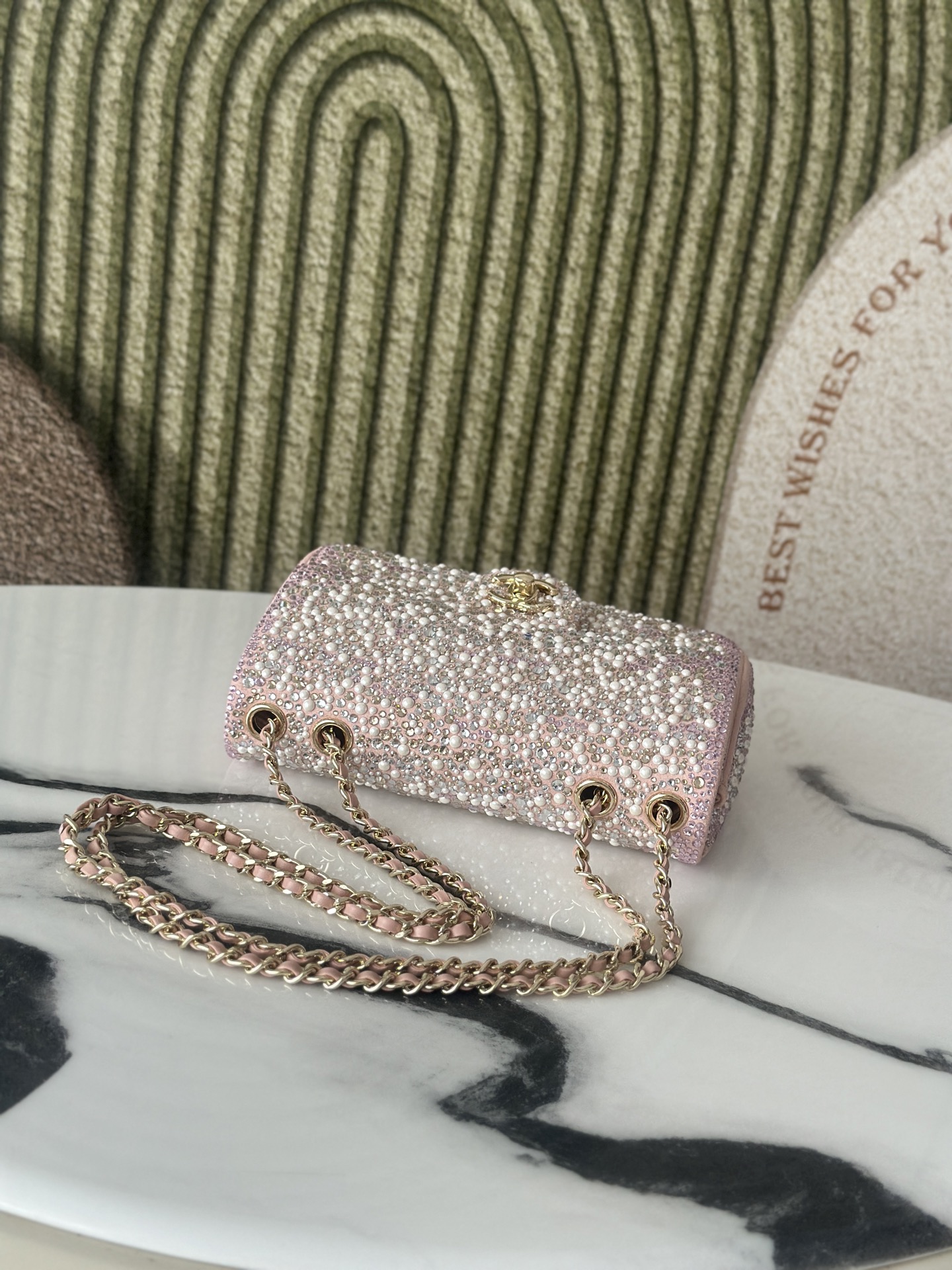 24C25C Small Classic Flap Bag in Sakura Pink Crystal & Pearl Embellished Lambskin with Light Gold-Tone Hardware - Mocuir