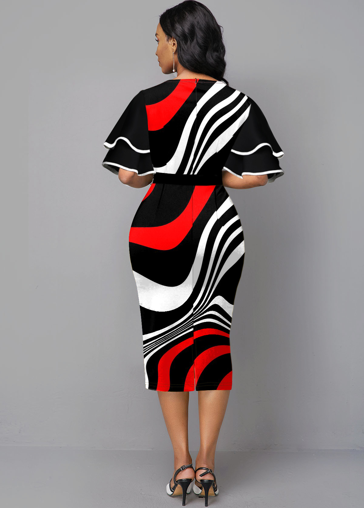 Ruffle Sleeve Stripe Print Contrast Sheath Dress