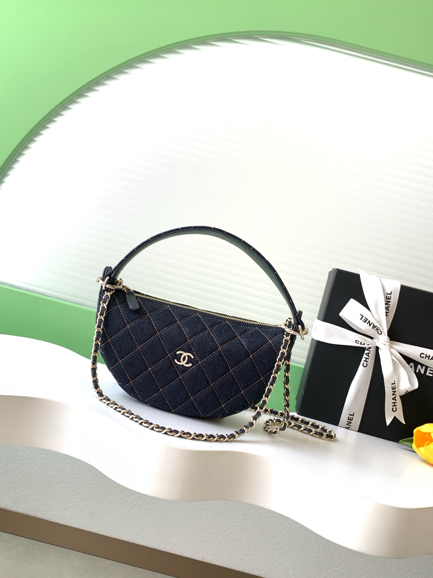 26S Spring-Summer Quilted Denim Moon Hobo Bag in Dark Blue with Gold Hardware (Model AS5652) - Mocuir