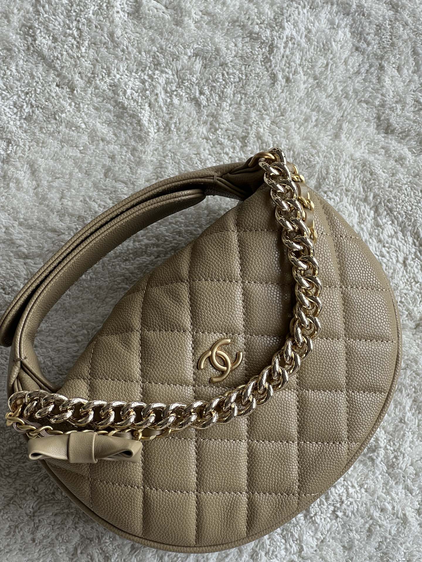 24S Half Moon Hula Hoop Bag in Dark Beige Quilted Caviar Leather with Light Gold-Tone Hardware and Bow Detail - Mocuir